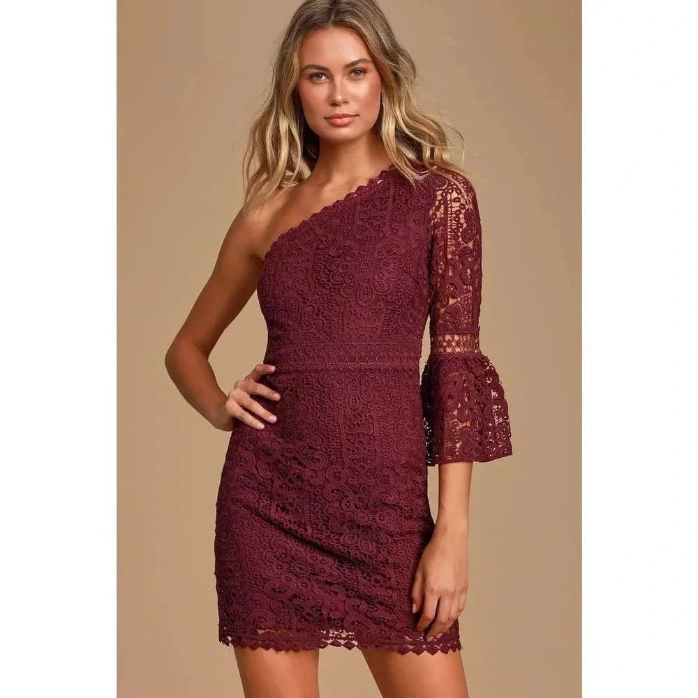 Lulu's Dreamy Date Burgundy Crochet Lace One-Shoulder Mini Party Cocktail Dress